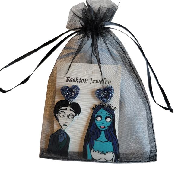 Corpse Bride Earring Victor Emily Blue Glitter Heart Dangle Fashion Jewelry 2.5" - Picture 7 of 10